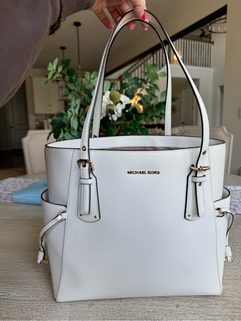 Michael Kors White Voyager Tote with Gold Hardware
